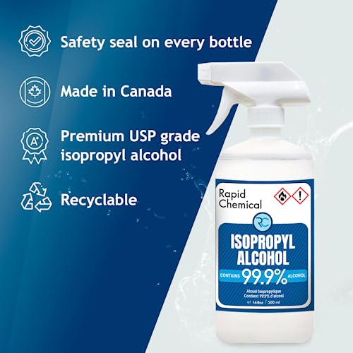Vaporisateur à alcool isopropyle 99.9% - Alcool de frottement 99 Pourcentage - 500ml - USP Classe - Fabriqué au Canada par Rapid Protectant (1 Bouteille 500ml)