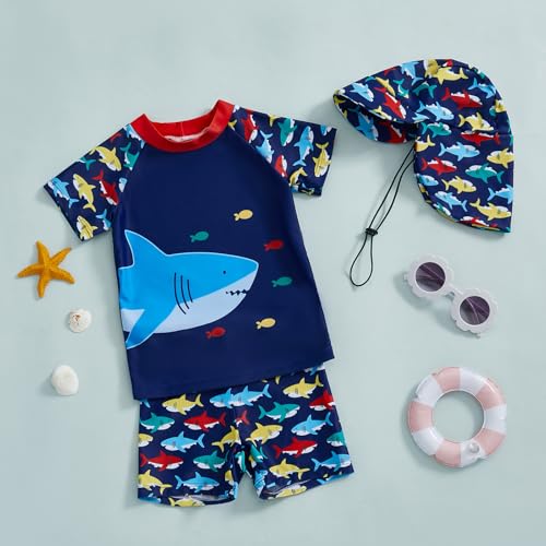 Boys Swimsuits 3 Piece Rash Guard Short Sleeve Sunsuit Kids Swimwear Sets Swim Trunks Hat2