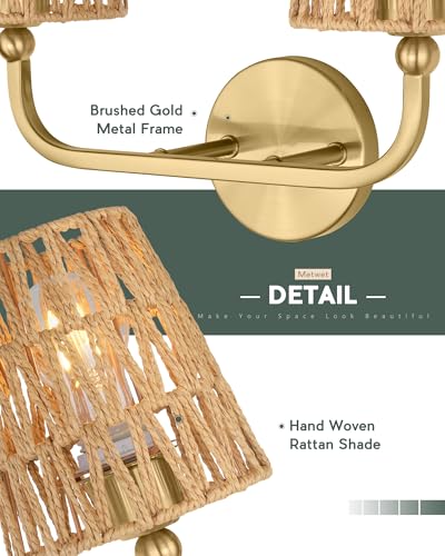 Image of 2-Light Bathroom Light Fixtures, Brushed Gold Rattan Vanity Lights, Double Wall Sconce with Flared Handwoven Shade, Boho Sconces Wall Lighting for Hallway Bedroom Stairway, VL837-BG-RA-2