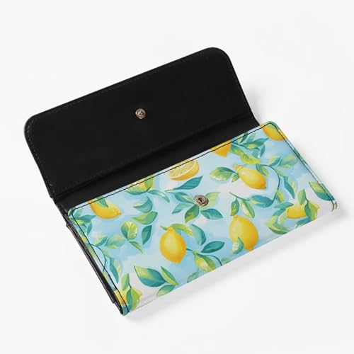 Image of AFPANQZ Leather Wallets for Women, Lemon Print RFID Blocking Checkbook Wallet with Cit Card Slots Phone Holder Zip Pocket, Buckle Closure, Ladies Purse