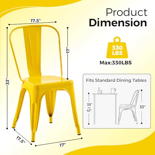Image of Metal Dining Chairs with Backrest, Stackable, Yellow, 6 Pack | Easy Assembly, Non-Slip Feet, 330 lb Capacity, Kitchen, Restaurant, Cafe, Pub, Covered Patio