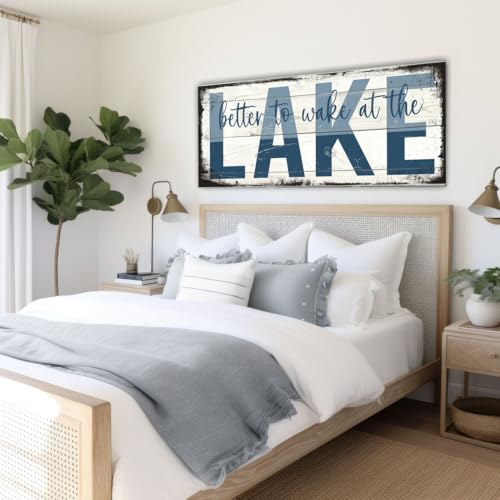 NATVVA Blue And White Wood Grain Canvas Wall Art Print Better To Wake At The Lake Large Poster Canvas Painting Artwork for Lake House Coastal Housewarming Beach House Decor Unframed