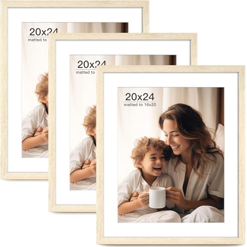 FinalFind 20x24 Picture Frame with Mat for 16x20 Set of 3, Natural Wood Grain 20x24 Frame for Horizontal & Vertical Wall Mounting (3 Pack,Natural)