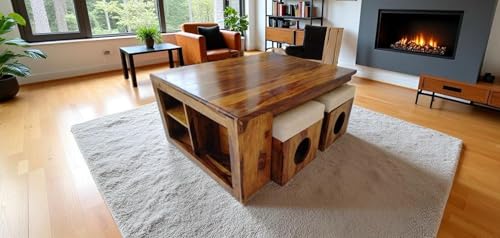 Image of Sheesham Wood Center Coffee Table with 4 Cushioned Stool Wooden Teapoye Table for Living Room Home (Natural Finish)