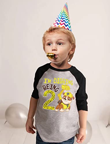 Image of Tstars Paw Patrol Rubble 3rd Birthday Baseball Tee Toddler Boy 3 /4 | Soft raglan Rubble digging tee for turning three; great for 3rd birthday, construction party, photo gift