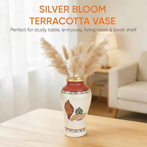 Image of Aakriti Art Creations Silver Bloom Earthen Vase Handpainted in Floral Art | Multicolor Terracotta Flower Vase | Matte Finish Decorative Vase for Living Room, Table & Floor Decor