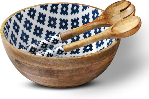 ReenzLyfe Elegant Salad Bowl Gift Set, Big Bowl, Mango Wooden Bowl with Tongs, Salads, Pasta, Fruit, Side Dishes, 12
