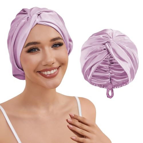 Adjustable Silk Satin Hair Bonnet for Sleeping Women Hair Wrap, Double Layer Night Turban, Sleep Cap for Natural Curly Straight Unisex - Lavender