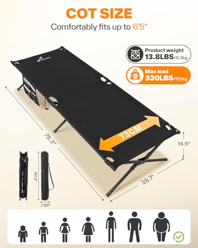 Sportneer Camping Cot: 78.3"x28.7"x14.6" Comfort Cot Bed for Camping Traveling Guest Bed, Sleeping Cots for Adults with Side Pockets & Storage Bag - Ease of Assembly, Support 330 Lbs
