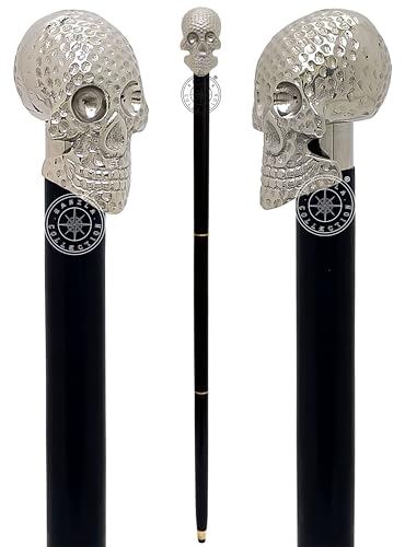 Skull Head Design Wooden Walking Stick Vintage Gift for Men & Women, Brass Handel Walking Stick Hardwood Shaft Cane, Solid Brass Handle Walking Cane, Solid Knob Carved Cane (Black & Silver 3)