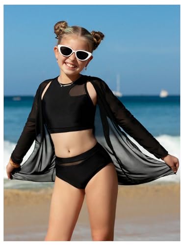 OYOANGLE Girl's 3 Piece Bikini Sets Mesh High Waisted Swimsuits Beach Sports Bathing Suits with Cover Up Kimono3