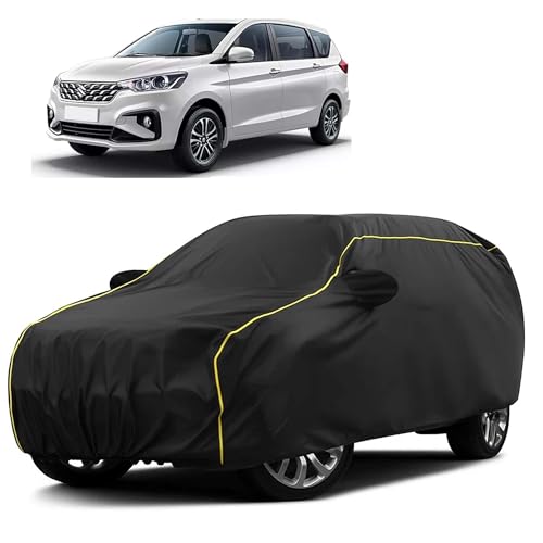 Image of Sulfar 100% Water Resistant Car Body Cover Compatible with Mirror for Maruti Suzuki Ertiga (Triple Stitched, Full Bottom Elastic, Black Taffeta with Yellow Piping)