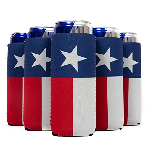 QualityPerfection Slim Can Cooler Sleeves, (6 Units) Beer/Energy Drink 12 oz Neoprene, Skinny Thermocoolers for Beverage, The Lone Star Flag - Texas Flag