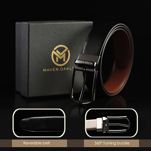 Image of Belts for Men Leather Original, Reversible Black & Brown Formal & Casual Italian Leather Belt with Solid Metal Curved Buckle