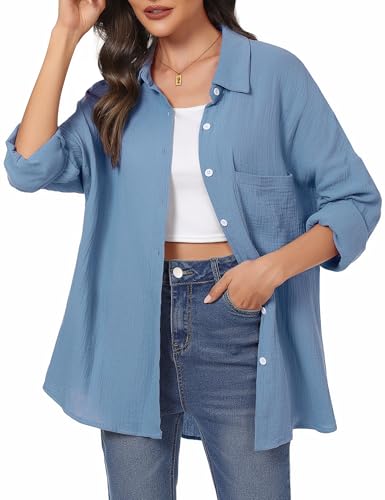 Aottori Musselin Bluse Damen Elegant 100% Baumwolle Longbluse Langarm Modern Oberteile Hemd Lose Langarmshirt Blusenshirt Hemdbluse Tuniken Tops Himmelblau L