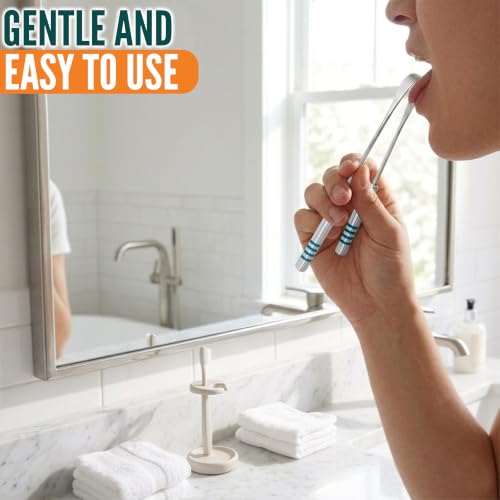 Image of Tongue Scraper for Adults, 2 Pack Stainless Steel Tongue Cleaner Green Handle, Easy to Use Metal Tongue Scrubber with 2 Travel Cases & 2 Storage Pouches, Reusable Oral Hygiene Tool for Bad Breath