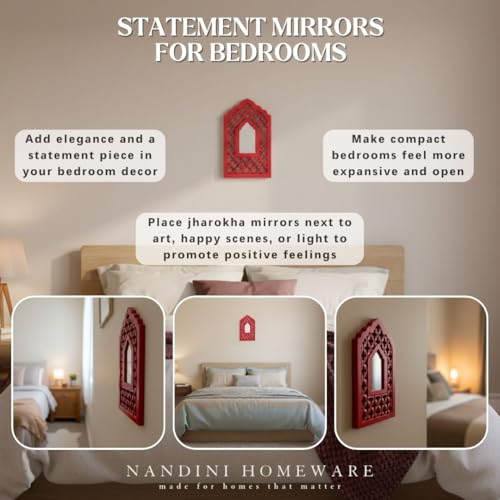 Image of Handcrafted Traditional Red Mughal MDF Wooden Mirror Jharokha Wall Art | Mughal-Inspired Boho Vintage Style Decorative Wall Hanging for Living Room & Home Interiors (Red Mughal)