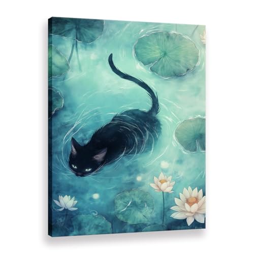 Impression chat noir étang de lotus affiche sur toile Premium haute définition