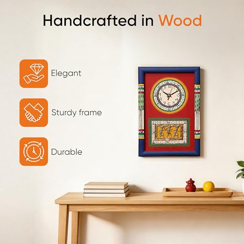 Image of AAKRITI ART CREATIONS Wall Clock Handcrafted Warli Art Red Dial with Glass Frame Blue, Red | Wall Clock for Home, Home Decoration | Lightweight Wooden wall Decor | Matte Finish