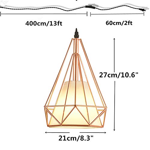 Efinehome 1 Light Hanging Swag Lamp With Plug In 15 Ft Cord On/Off Switch With Pull Chain- Rose Gold Industrial Vintage Cage Pendant Light (Long Diamond) #TOP1