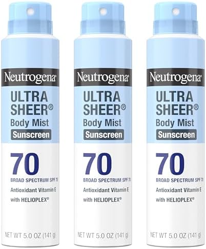 Neutrogena Ultra Sheer Body Mist Sunscreen Spray, Broad Spectrum SPF 70, Lightweight Spray Sunscreen, Non-Greasy & Water Resistant, Oil-Free & Non-Comedogenic UVA/UVB, 5 oz, Pack of 3