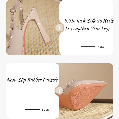 Women'S Studded Pointed Closed Toe Platform Stiletto Slingback Pumps Patent Leather Sexy Ankle Strap High Heel Backless Sandals Evening Prom Party Office Heel Dress Shoes4