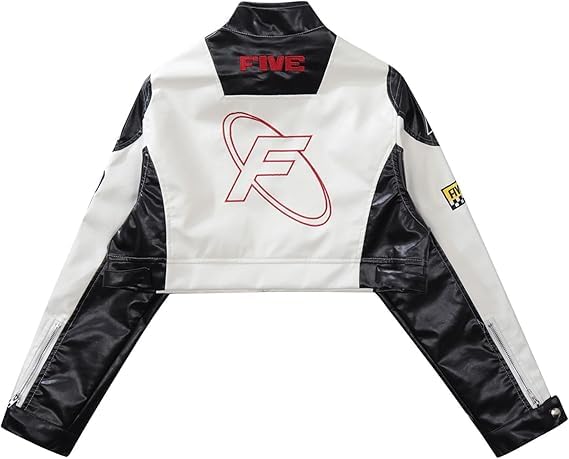 Aelfric Eden Damska kurtka ze sztucznej skóry Cropped Racing kurtka z zamkiem błyskawicznym patchwork nadruk litery kurtka motocyklowa Hiphop Y2K Streetwear