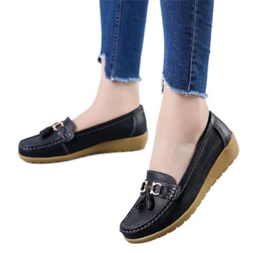 Ujicde Womens Leather Wedge Casual Loafer, Summer Comfortable Platform Breathable Shoes, Outdoor Round Toe Non-Slip Walking Flat Shoes (Color : Black#1, Size : 38)