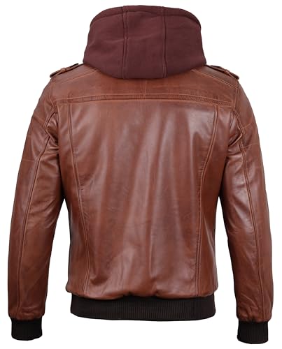 Image of Blingsoul Mens Hooded Leather Jacket with Removable Hood, Biker Style Real Bomber Leather Jacket Men Wind Resistant Outerwear