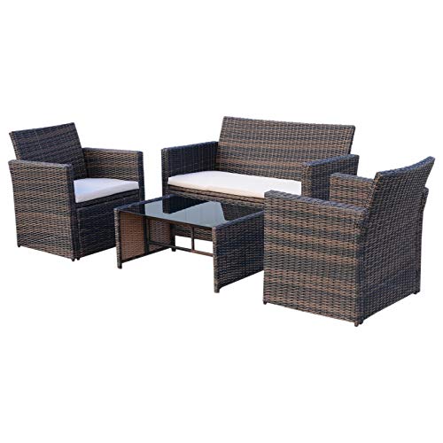 Outsunny 4 Pieces PE Rattan Garden Sofa Set with Cushions, Outdoor Patio Wicker Weave Conservatory Furniture Set with a Loveseat, 2 Armchairs and a Glass Top Coffee Table, Mixed Brown
