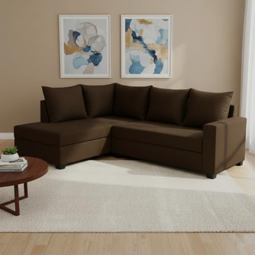 Image of FURNY Gloria 4 Seater Fabric LHS L Shape Sofa Set (Dark Brown) Premium Velvet Finish | Durable Comfort | Ideal for Living Room