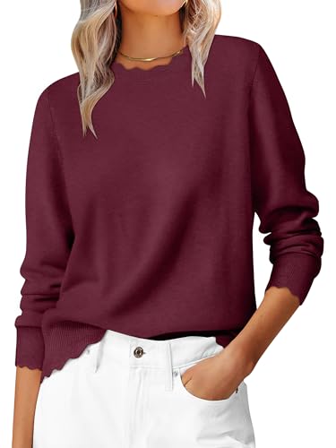ANRABESS Sweaters for Women Loose Fit Lightweight Soft Dressy Scalloped Long Sleeve Pullover Tops 2026 Fall Casual Outfits Wine Red