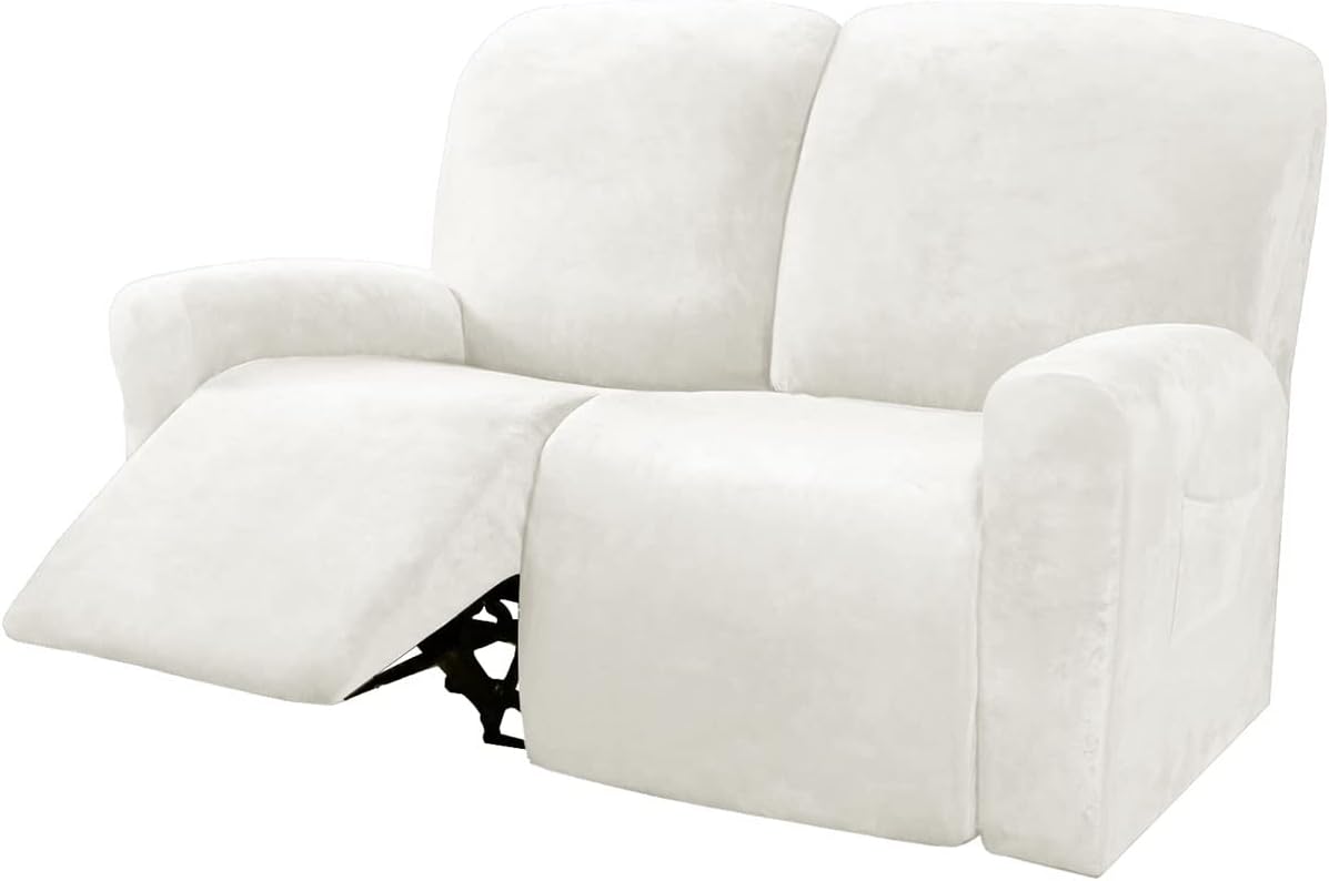 6 Pieces Stretch Velvet Recliner Slipcover 2 Seater Recliner Chair Cover Thick Soft Washable Non-Slip Recliner Sofa Cover with Pocket -Light Blue