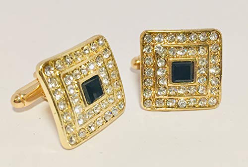 RICH & RARE Luxury Rhinestone Crystal Cuff-Links Classic Gold Square W/Gift Box