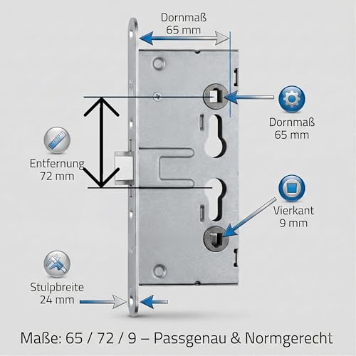 Einsteckschloss für alle gängigen FH-Türen, Stahltürschloss, Türschloss, Entfernung: 72mm // Stulpbreite: 24mm // Dornmaß: 65mm // Vierkantnuss: 9mm Hersteller ISEO überdurchschnittlich hohe Qualität
