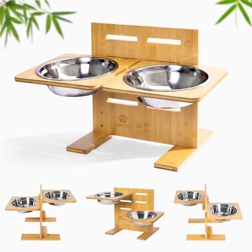 Mora Pets Hundenapf Erhöht Futternapf für Hund mit 4 Höhenverstellbar Futterstation Hunde Napfset aus Bambus Hundebar für Kleine, Mittelgroße, Große Hunde, mit 2 Edelstahl Hundeschüsseln (1,5L x 2)