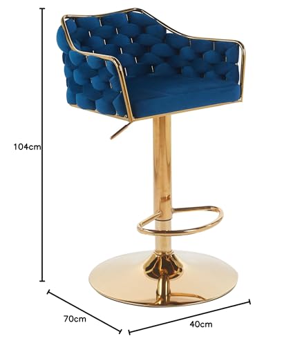 Image of Creative Swivel Bar Stool with Golden Plated Base Contemporary Blue Fabric Bar Stool with Gold Frame Suitable for Kitchen, Dining Area (Pack of 2)