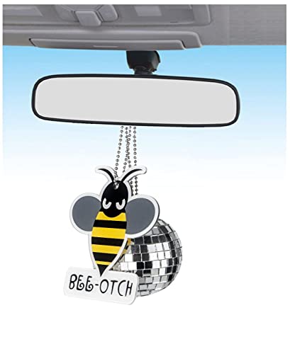Fashion Bumblebee Car Pendant Decor Ornament Hanging Gift Rear View Mirror Accessories Auto Interior Dangle (Bumblebee3.4 x 3.2 x 0.15 inches) (bee+Mirror Ball, Ball Diameter 1.9inches)