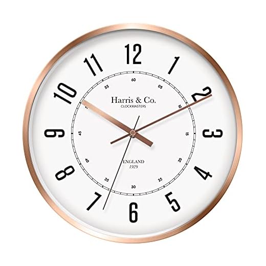 HARRIS & CO. CLOCKMASTERS Silent Sweep Noiseless Technology Wall Clock (12 Inch, Rose Gold Metal Frame, Model - Oxford Street in Rose) Analog