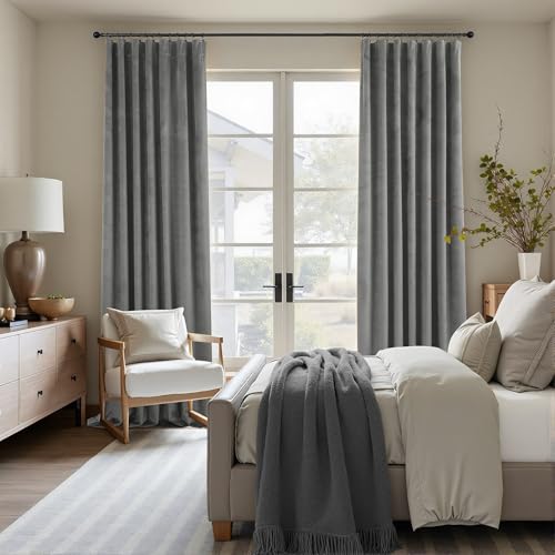Image of Grey Velvet Curtains 108 Inches Long 2 Panels Luxury Crush Velvet Blackout Drape Gray Back Tab Design Thermal Insulated Soundproof Noise Reducing Window Covering for Living Room French Door W52 x L108