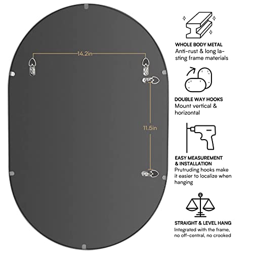 Howofurn Wall Mounted Mirror, 20’’X30’’ Oval Bathroom Mirror, Black Vanity Wall Mirror W/ Stainless Steel Metal Frame & Pre-Set Hooks For Vertical & Horizontal Hang, Ideal For Bedroom, Bathroom #TOP5