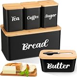 Domensi Panera de metal y mantequillera de cerámica con 3 recipientes herméticos de cocina, juego de recipientes de almacenamiento para cocina con tapa de tabla de cortar de bambú y cuchillo de