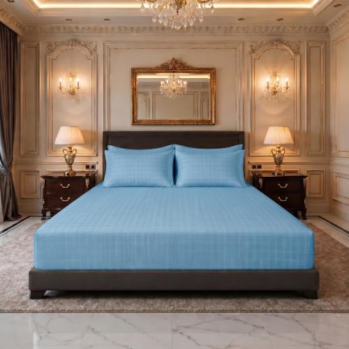 Image of LINENWALAS 300 TC Organic Bamboo Jacquard Check Fitted Bedsheet for King Bed, Silky Soft Sateen Weave with Fully Elastic Deep Pocket | Breathable, Cooling & Hypoallergenic (Bahamas Blue, 72 inchx78 inch)