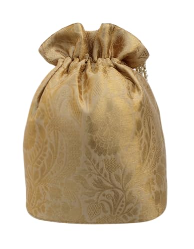 Image of MILAN'S CREATION Banarasi Silk Brocade Potli Bag Purse With Base Drawstring Women's handbag with Pearl Handle & Tassel Weddings
