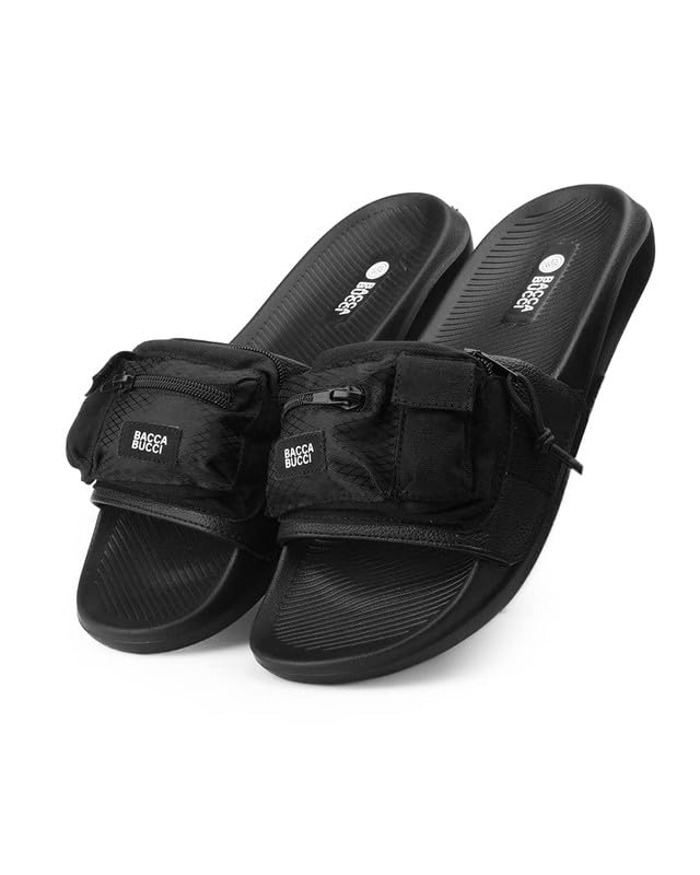 Image of Bacca Bucci Utility Slide for Men | Dual Pocket Slides with Zipper & Velcro Closure | Cushioned EVA Footbed | Casual & Outdoor Slippers