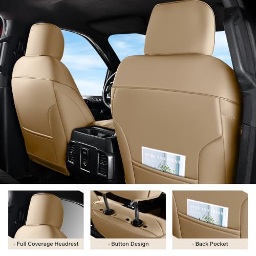 Image of Coverado Premium Leather Truck Front Seat Covers - Custom Fit, Waterproof, Heavy Duty, Anti-Spill, Scratch Resistant Protector for Ford F150 2015-2026, F250-F450, Beige