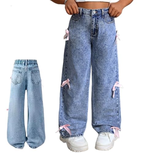 Bow Jeans for Girls 10-12, 6-14 Jeans with Bows for Teen Girls, Wide-Leg High-Waist Elastic Waist