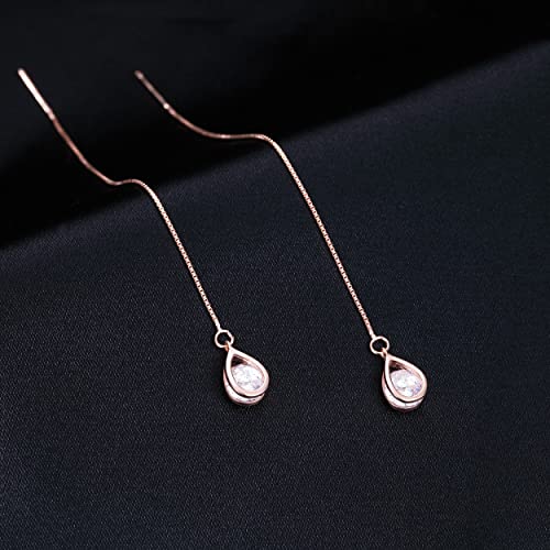 Reffeer 925 Sterling Silver Cz Droplet Chain Earrings Dangle For Women Girls Crystal Dangle Earrings Threader Tassel (C-Rose) #TOP3