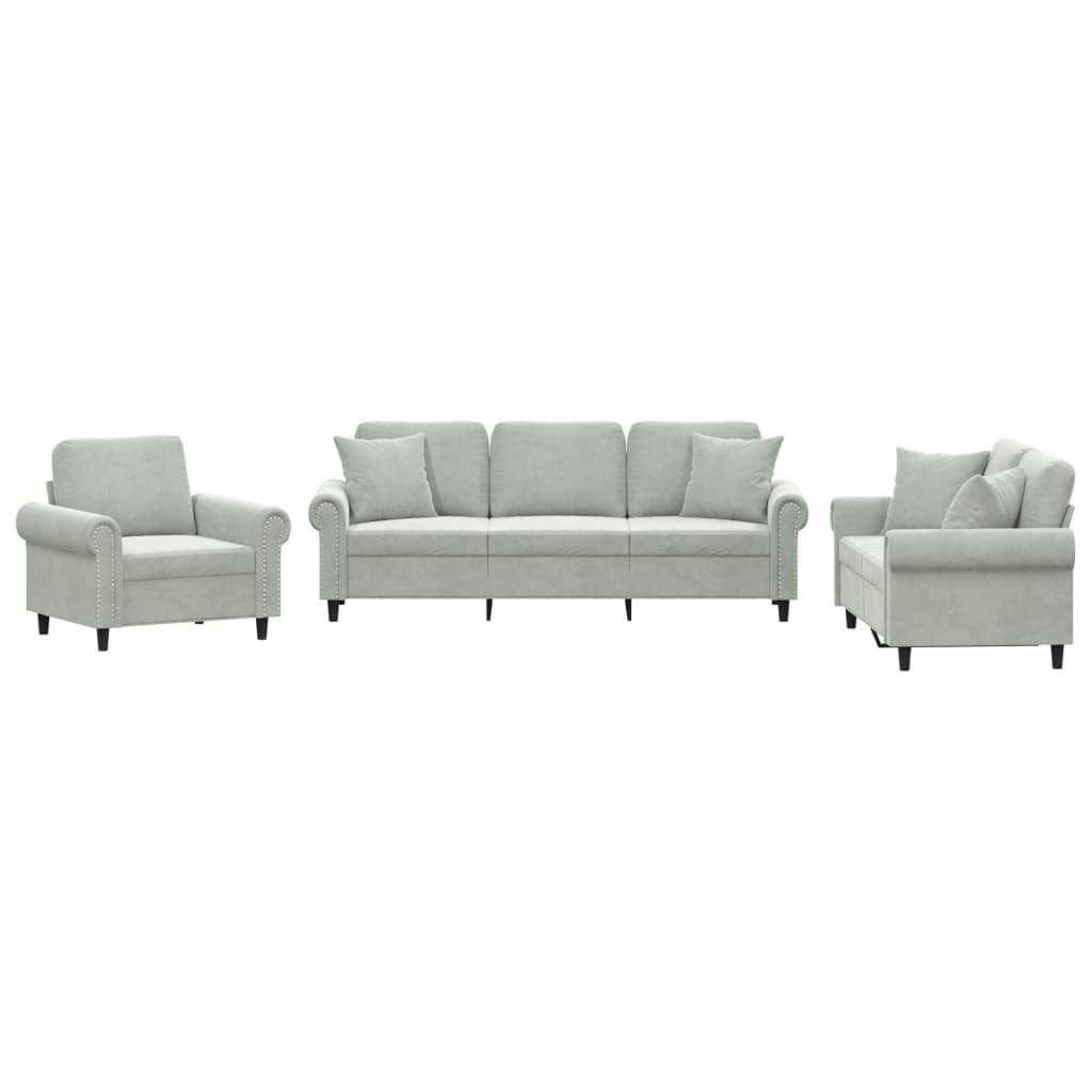 Hothingwell Sofa 3-osobowa jasnoszara aksamitna z poduszkami