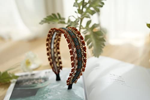 Outvie Boho Ethnic Wind Embroidery With Floral Headband Non-Slip Elastic Brown Metal Hairband Wedding Headband For Woman Girls #TOP4
